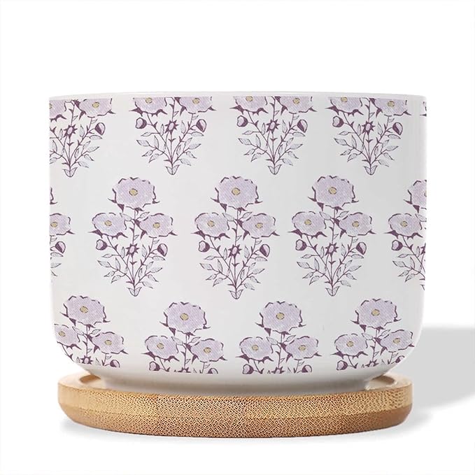 Set of 3 Watercolor Chinoiserie Floral Small Ceramics Pots for Plants Light Purple Flower Ceramics Plant Pot with Drainage and Bamboo Tray Chinoiserie Style Cactus Planter for Indoor
