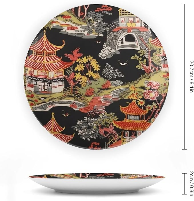 Ceramic Decorative Plate Chinoiserie Charcoal Coral Pagoda Asian Personalized Decor for Office Table Club Kitchen Ceramic Hanging Decorative Plate 1 Plate with 1 Display Stand, Gifts for Men Women