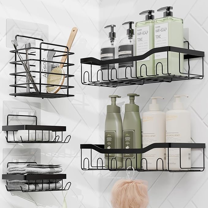 Clara Clark Bathroom Set - Black Bathroom Accessories Set, 6PC Bathroom Accessory Set, Bathroom Sets with Adhesive Corner Shower Caddy Hanging, Toilet Brush, Trash Can & Soap Dispenser