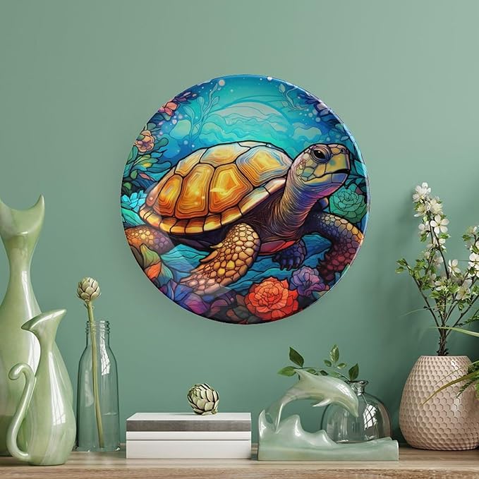 Decorative Plates for Wall Hanging, Ocean Turtle & Flower Stained Glass Design Ceramic Plate w/ Display Stand, Home Decor for Kitchen Cabinets, Farmhouse Round Tray 6 Inch, Gift for Turtle Lovers