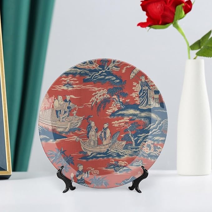 China Plates Cheng Toile Dynasty Red Chinoiserie Personalized Decor for Festival Housewarming Gifts Wedding Household Ceramic Craft for Decorative Ornaments with 1 Display Stand, Gifts for Men Women