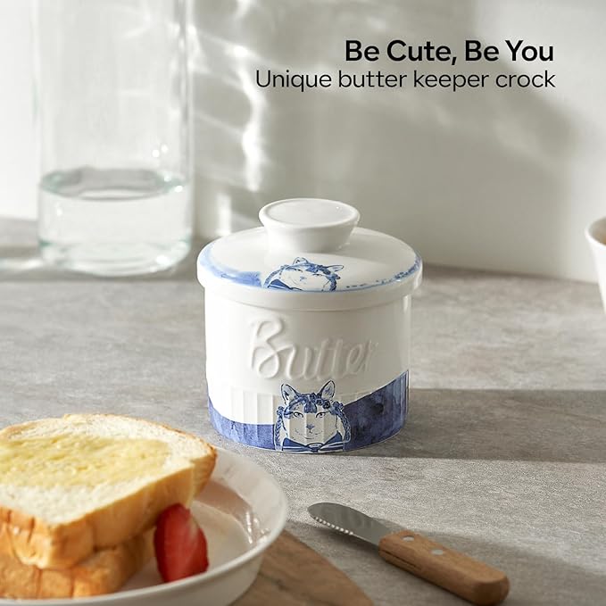 Toptier Butter Crock for Counter With Water Line, On Demand Spreadable Butter, Ceramic Butter Keeper to Leave On Counter, French Butter Dish with Lid (Hottie Cat)