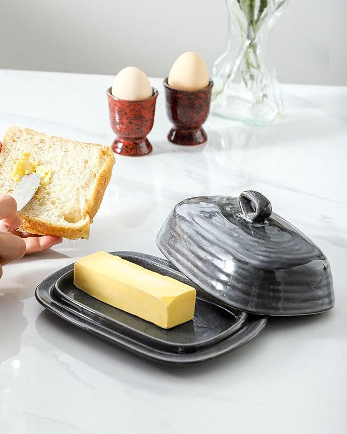 Hasense Porcelain Butter Dish with Lid, Covered Butter Container with Handle Design for Countertop, Gray