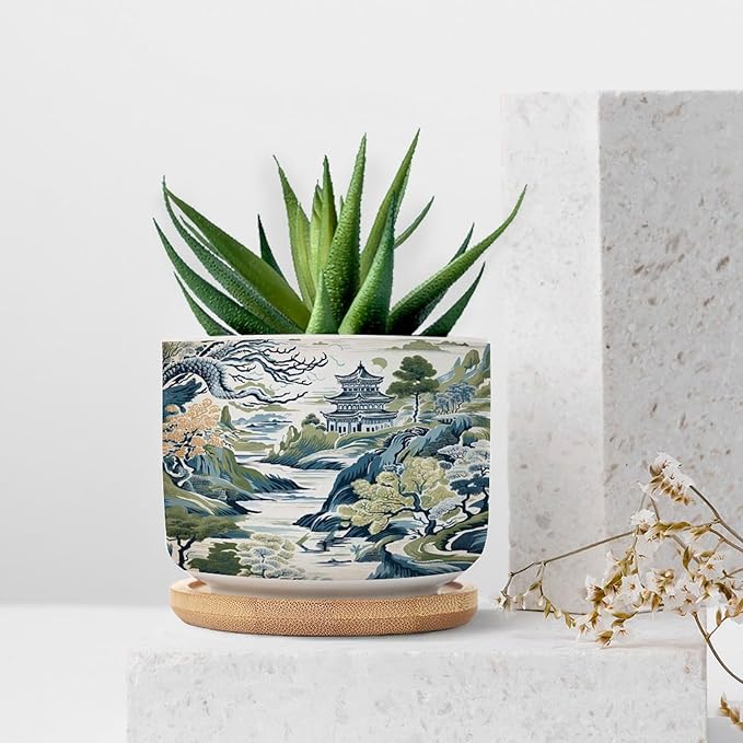 Trend Dragon and Print Planters Ceramic Chinoiserie Asian Inspired Round Flower Pots with Drainage Holes and Bamboo Tray Pot for Home Desktop Office Windowsill