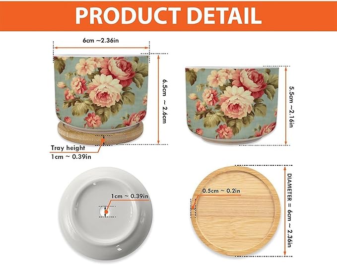 Pink Cabbage Roses Romantic Planters Ceramics Set of 5 Cottage Chic Antique Pink Flower Succulent Pot for Indoor with Bamboo Tray Japanese Chinoiserie Small Pot for Flowers