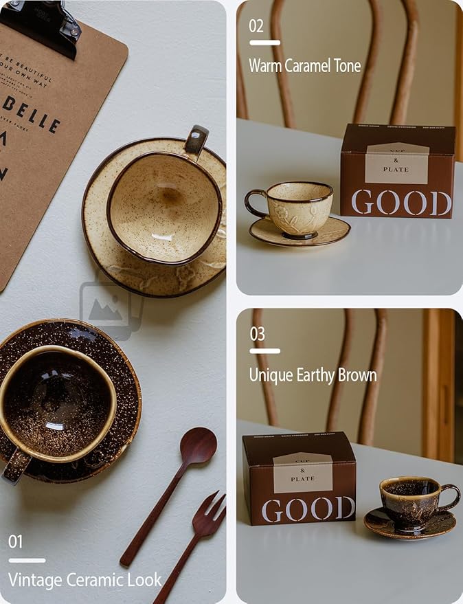 Ceramic Coffee Cup and Saucer Set 5.4oz (160ml), Beige Embossed Espresso Cup with Plate, Small Cappuccino Cup for Home, Kitchen, Café