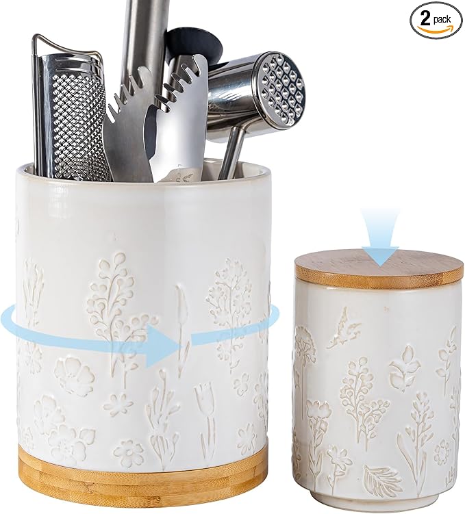 TEATALK Ceramic Utensil Holder Set, 360° Rotating Organizer for Countertop, Farmhouse Vintage Style, Large and Small Crocks in White Garden Pattern，7.7"+5.7"