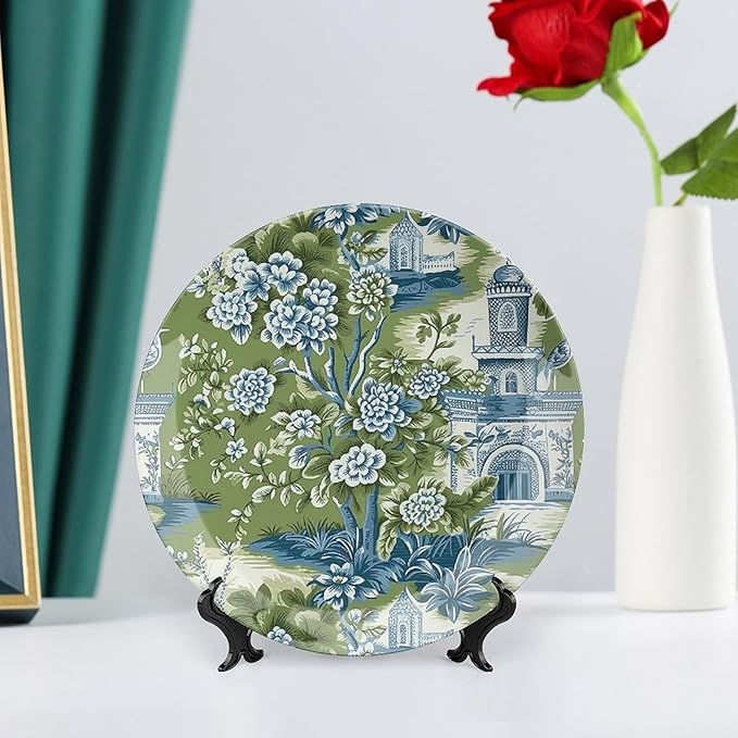 Pagoda Garden Imperial Green Chinoiserie Vintage Plates, Ceramic Ornaments Dessert Plates for Kitchen Farmhouse Decor, Including Bracket And Special Hook Art Decorations for Art Decoration Festival