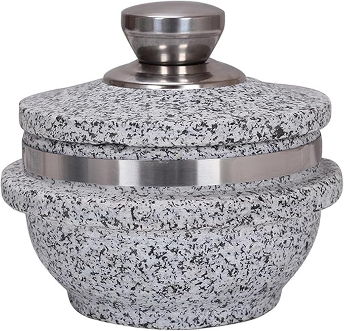 Korean Stone Bowl with Lid, Natural Stone Bowl with Wood Base Thicken Cookware Stone Bowl, Bibimbap Bowl for Korean Soup, Rice and Stew,20cm/7.9inch