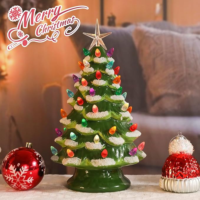 VCUTEKA Small Ceramic Christmas Tree Hand-Painted Vintage Tabletop Green White Christmas Tree Holiday Decoration with Multi-Color Lights Xmas Trees 12 inch