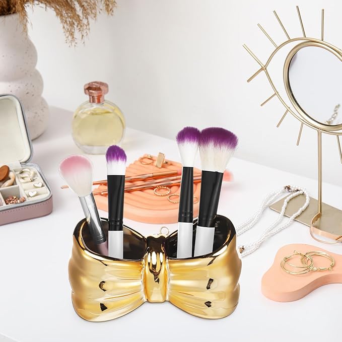 Chunful Gold Bow Toothbrush Holder Cute Ceramic Bow Shaped Toothbrush Makeup Brush Holder Organizer Comb Pen Pencil Storage Box Container Bathroom Vanity Countertop Accessories, for Bathroom Home