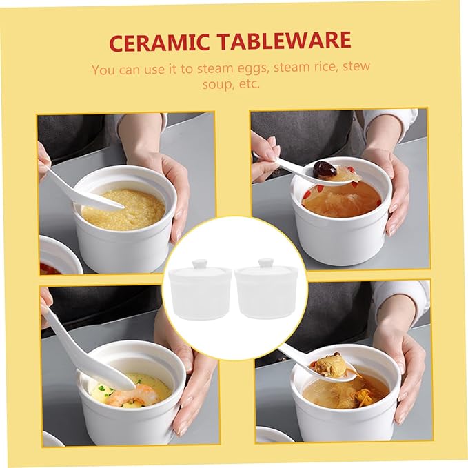 2pcs Ceramic Stew Bowl with Lid Steamed Egg Pot for Soups Food Container Dishwasher Safe for Family Meals and Cooking