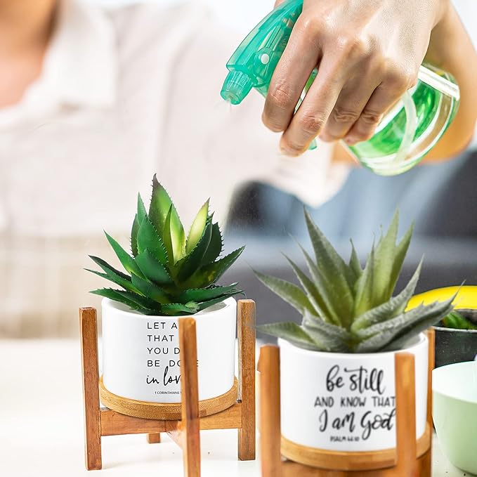 Fumete 12 Pcs Bible Verse Succulent Pots with Bamboo Tray Drainage 3.15 Inch Mini Ceramic Flower Planter Pot Christian Gifts for Women Sunday School Teacher Church Plants Not Included(Classic Style)