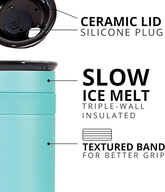 Elemental Personalized Artisan Insulated Tumbler, Triple Wall Coffee Travel Tumbler, Reusable Stainless Steel Coffee Tumbler with Ceramic Lid, Thermal Coffee Cup for Hot & Cold, 12oz - Robin's Egg