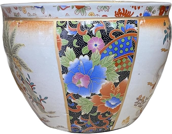 Generic 8"" Diamter Oriental Satsuma Style Elephant with Palm Trees Themed Fish Bowl Jardiniere Planter Plant Pot