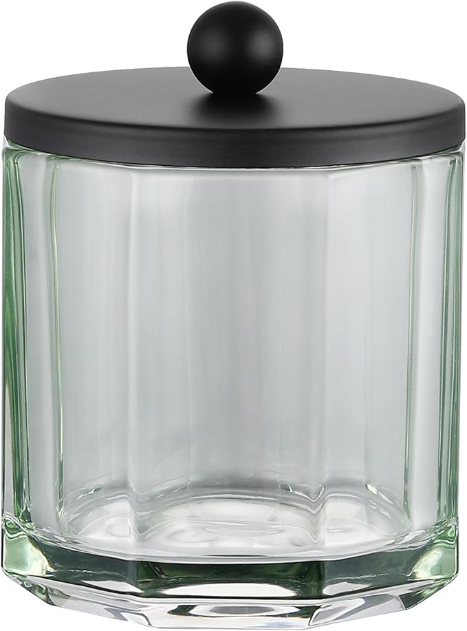 Sage Green Translucent Apothecary Octagional Shaped Glass Canister Jar With Black Metal Lid Cover for Bathroom Organization, Cotton Balls, Q Tips, and Small Accessories, Bathroom Storage