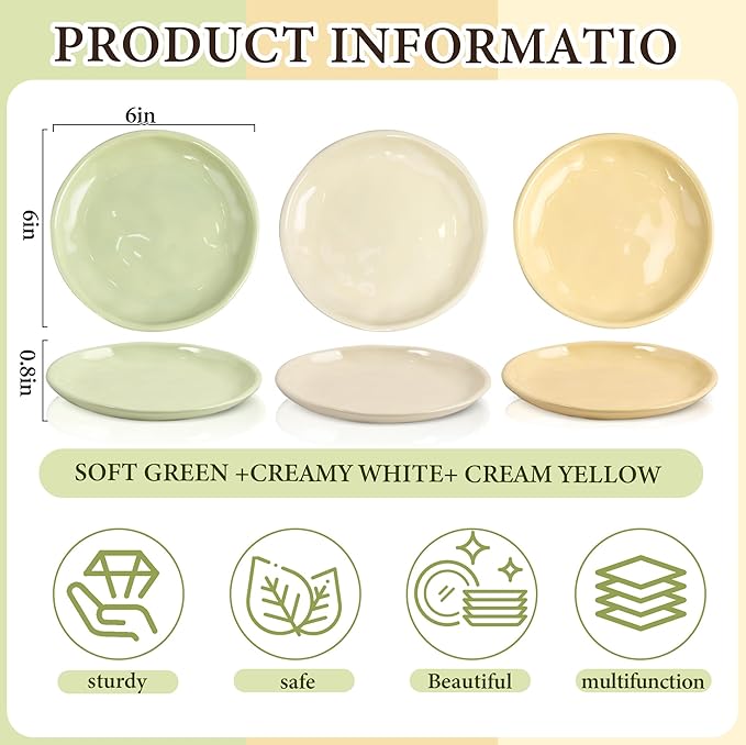 6 Inch Ceramic Salad Plates, Set of 6 - Small Appetizer & Dessert Plates for Portion Control, Microwave & Dishwasher Safe, Chip-Resistant (Soft Green, Cream Yellow, Creamy White (6)