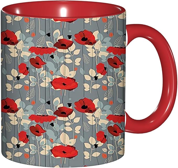 Poppy Flower,Funny Novelty Ceramic Coffee Cups With Handle,Floral Garden Leaves Modern Nature Tea Cup for Office and Home, 11 Oz,Dishwasher Microwave Safe (Red)
