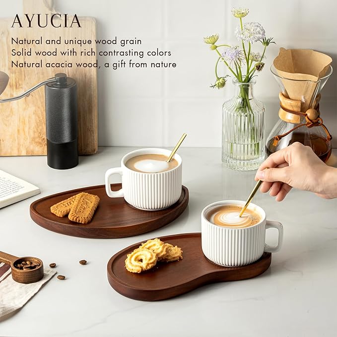 Tea Cup and Saucer Set, 8OZ Cappuccino Cup with Acacia Serving Saucer and Spoon, White Cream Ceramic Coffee Mug with 9.4inch Wooden Plate for Latte Dessert Breakfast