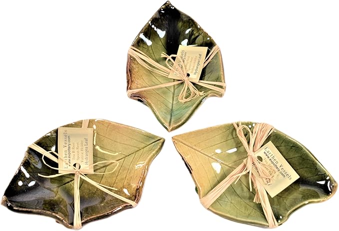 Earthen Vessels Pottery, Stoneware Hydrangea Leaf Spoon Rest, Tea Bag Coaster, Ring Dish or Tea Light Holder, Set of 3, In Summer Forest Green,