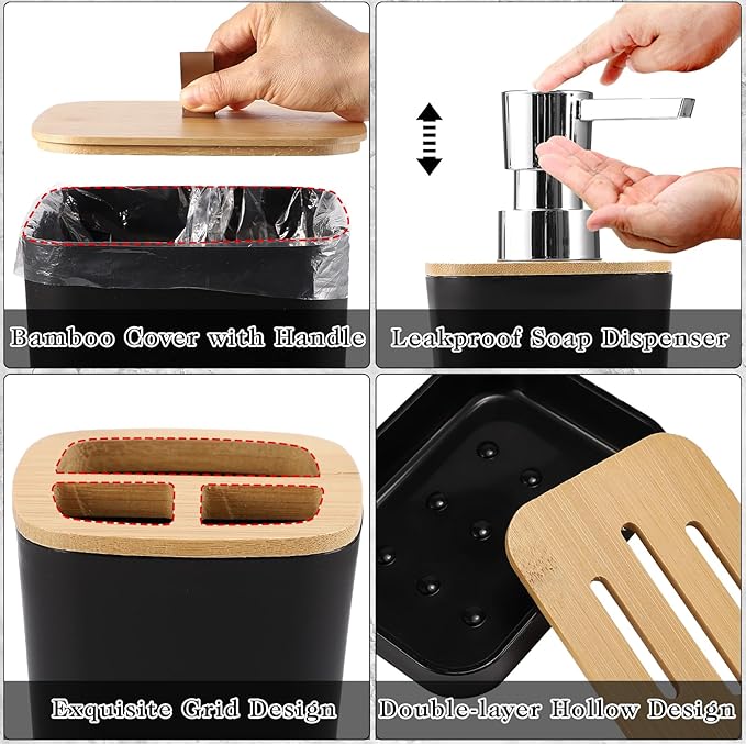 Black Bathroom Accessories, Bathroom Accessories Set with Trash Can, Soap Dispenser, Toothbrush Holder, Toothbrush Cup, Soap Dish, Toilet Brush, Tray and Q-tip Holders for Housewarming