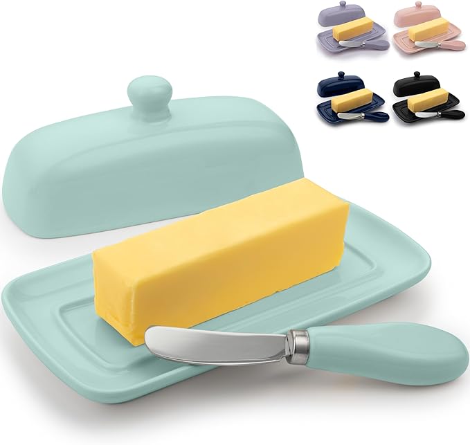 Zulay Butter Dish With Lid For Countertop - Porcelain Mint, Ceramic Butter Dish with Knob Handle Great for Cooking - Elegant Design Butter Holder - Durable & Sturdy Butter Keeper - Mint