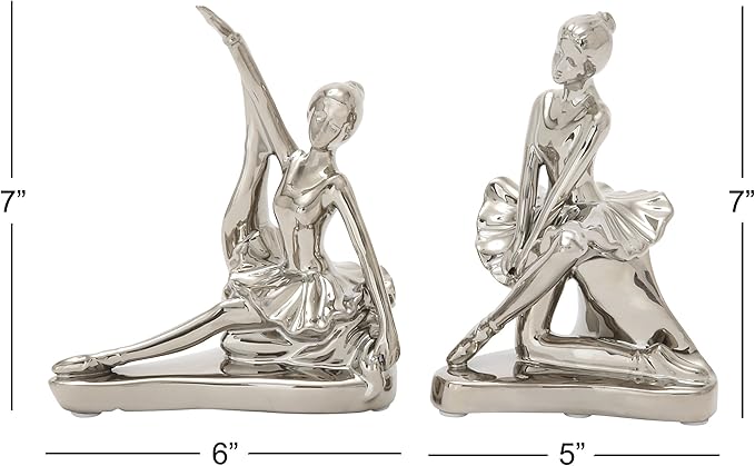 Deco 79 Porcelain Ceramic Dancer Decorative Sculpture Home Decor Statues, set of 2 Accent Figurines 6" x 3" x 7", Silver