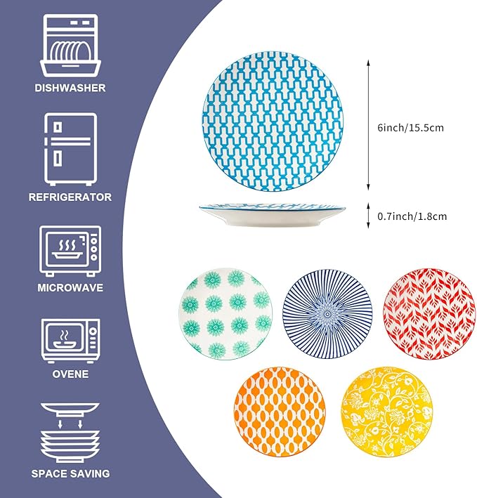 Ceramic Dessert Plates Set - 6 Inch Mini Appetizer Plates for Kitchen - Small Salad Plate for Cake Snacks Side Dish,Gift, Microwave Dishwasher Safe, Assorted Colors