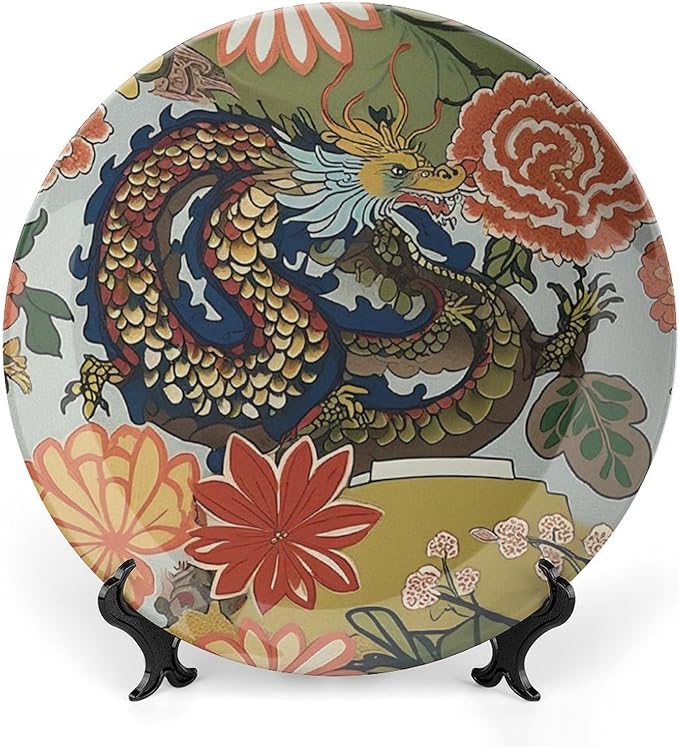 Ceramic Decorative Plate Chinoiserie Animal Dragon Personalized Decor for Wedding Art Decoration Household Wall Wall Hanging Decorative Plate with Display Stand And Hook Up, Gifts for Men Women