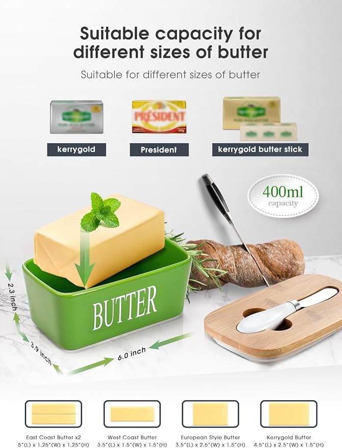 Butter Dish with Lid, Home Decor, Large Butter Dish for Countertop Ceramic Butter Keeper Container with Knife and High Quality Silicone Sealing Butter Box Good Kitchen Gift Green