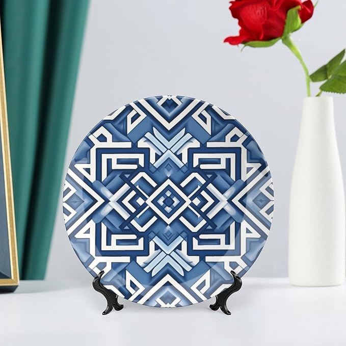Navy Blue Geometric Ceramic Decorative Plate, Custom Bone China Decorative Plate for Festival Kitchen Table Decor, Unique Art with Stand Art Decorations for Club Farmhouse