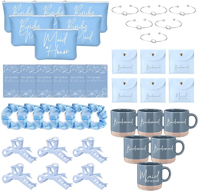 42 Pcs 6 Sets Wedding Favors Bridesmaid Proposal Gifts Maid of Honor Ceramic Coffee Cups Cosmetic Makeup Bags Invited Cards Scrunchies Knotted Bracelets Jewelry Bags Hair Claw Clips(Blue)