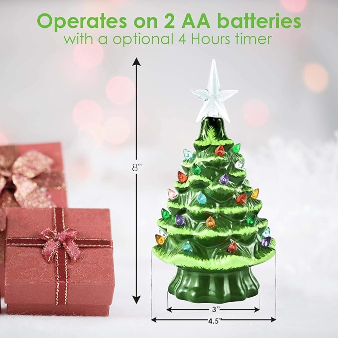 GIVERARE Ceramic Christmas Tree with 6H Timer, 8” Pre-Lit Hand-Painted Tabletop Xmas Decor with 32 Multicolored Lights&Top Star, Retro Centerpiece for Holiday, Party Supplies, Decoration