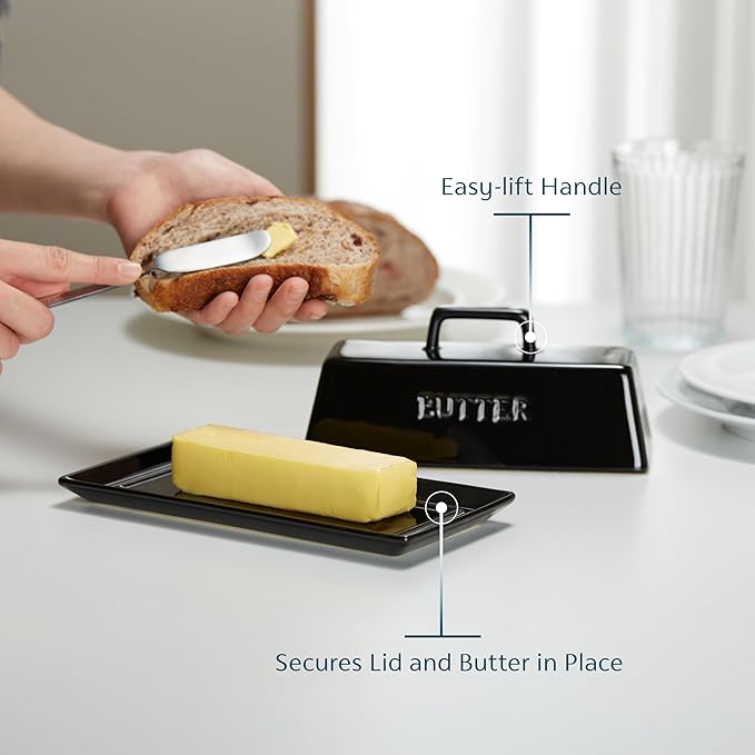 Butter Dish with Lid for Countertop, by Kook, Ceramic Dish Tray with Cover, Kitchen Keeper, Container, Holder (Black)
