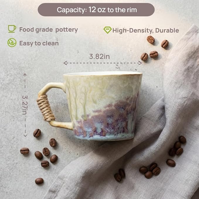 10oz Retro Vintage Japanese Style Handmade Ceramic Tea Cup with Handle, Lead-Free Reactive Glaze Artisanal Coffee Mug, Comfortable handle Handmade Pottery Tea Mug for office and home
