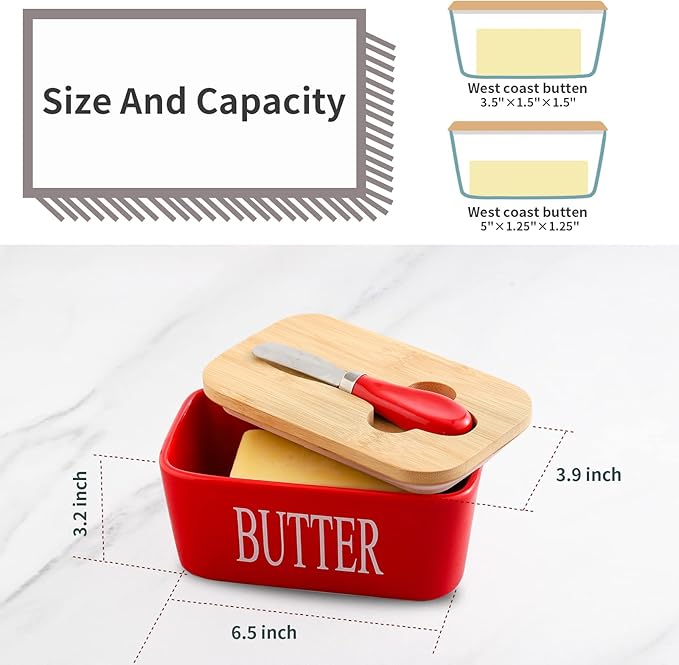 Hasense Porcelain Butter Dish with Bamboo Lid - Covered Butter Dish with Butter Knife for Countertop, Airtight Butter Container with Cover Perfect for East West Coast Butter, Red
