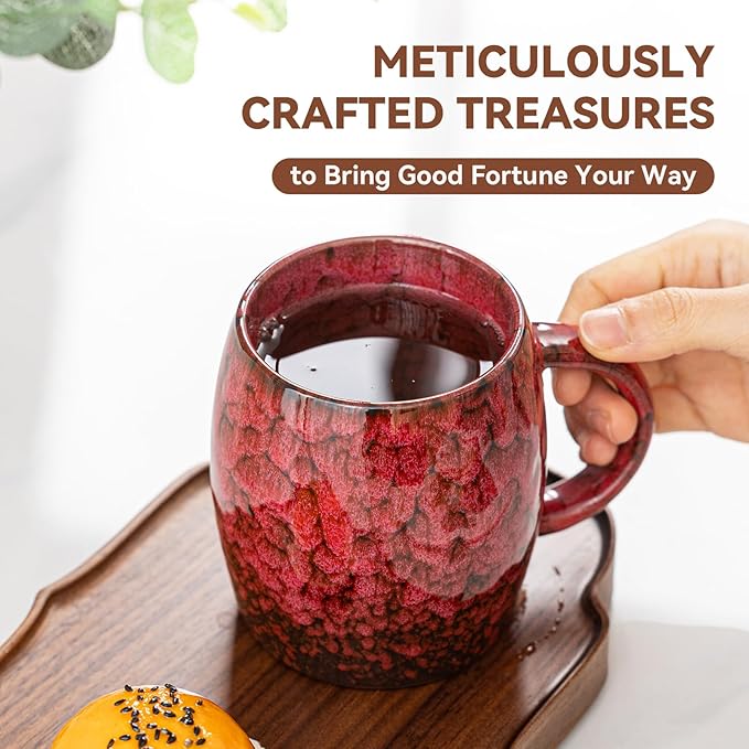 Rustic Red Ceramic Coffee Mug 15oz - Handcrafted Artisan Mug with Comfortable Handle, Unique Design for Coffee Lovers, Dishwasher Safe