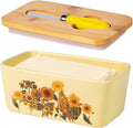 Sunflower Butter Dish with Lid,Large Butter Crock Keeper Saver,Ceramic Butter Container for Countertop with Highly Sealed Silicone Thick Wooden Lid for Kitchen Farmhouse Decor (Yellow, Sunflower)
