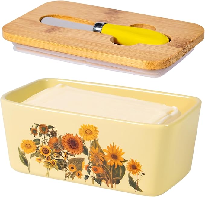 Sunflower Butter Dish with Lid,Large Butter Crock Keeper Saver,Ceramic Butter Container for Countertop with Highly Sealed Silicone Thick Wooden Lid for Kitchen Farmhouse Decor (Yellow, Sunflower)