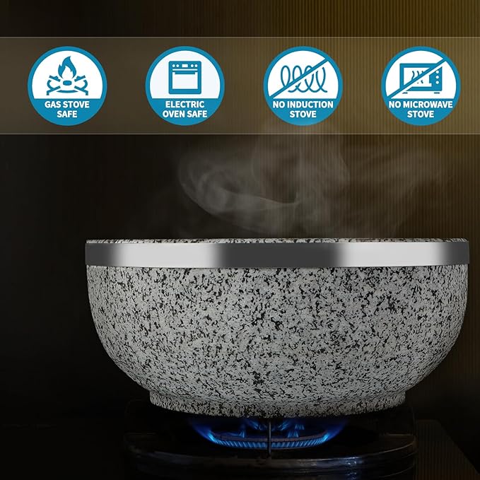 2 Pack Granite Stone Bowl 32 oz, Dolsot Pot with Wood Base for Cooking and Serving Korean Bibimbap, Soup, Rice, Ramen, Stew