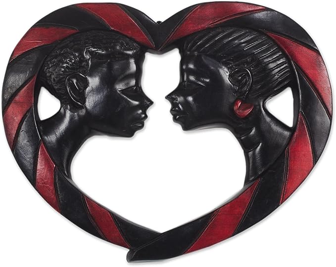 NOVICA Artisan Handmade Wood Wall Sculpture Romantic Sese from Ghana Black Red Decor Art Heart People Portraits [10.5in H x 13.5in W x 1.4in D] ' Passionate Lovers'