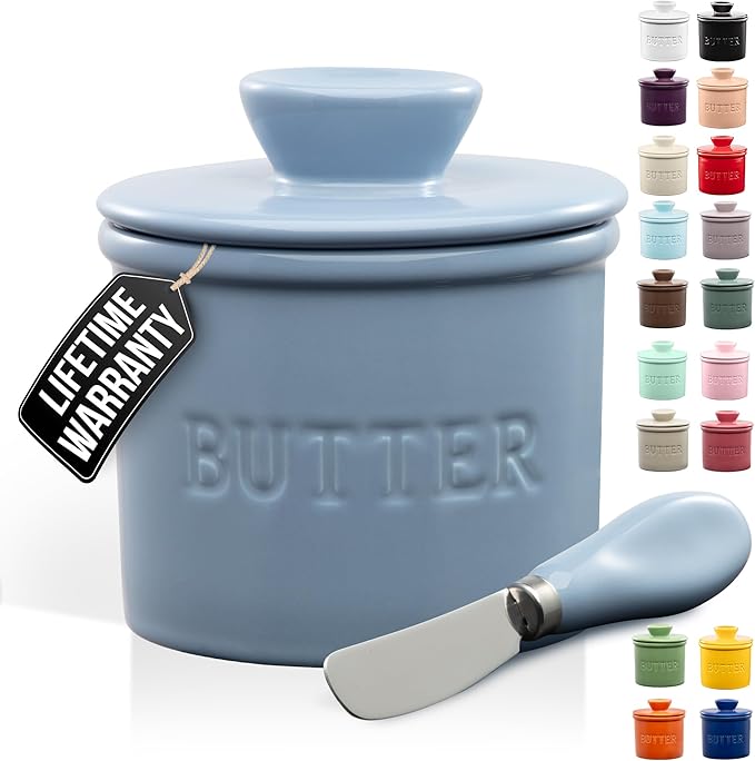 Zulay Kitchen Bell Shaped Butter Crock with Lid for Countertop with Water Line & Spreader Knife, Ceramic French Butter Dish Keeper For Fresh, Soft & Spreadable Butter - Blue-Gray