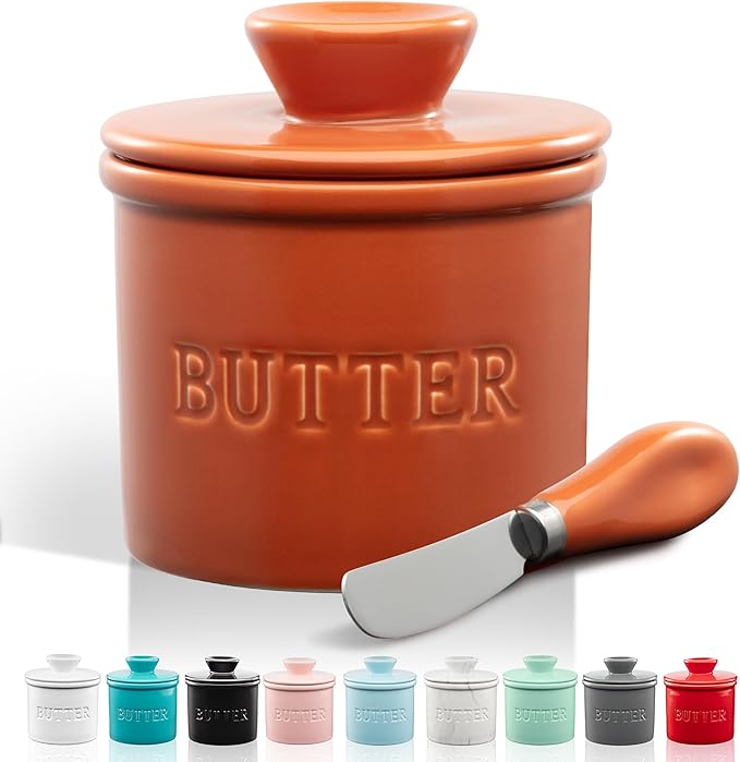 Zulay Kitchen Bell Shaped Butter Crock with Lid for Countertop with Water Line & Spreader Knife, Ceramic French Butter Dish Keeper For Fresh, Soft & Spreadable Butter - Terracotta