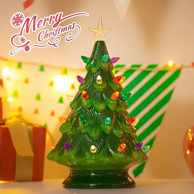 VCUTEKA Small Ceramic Christmas Tree Hand-Painted Vintage Tabletop Green Christmas Tree Holiday Decoration with Multi-Color Lights 12.2 inch