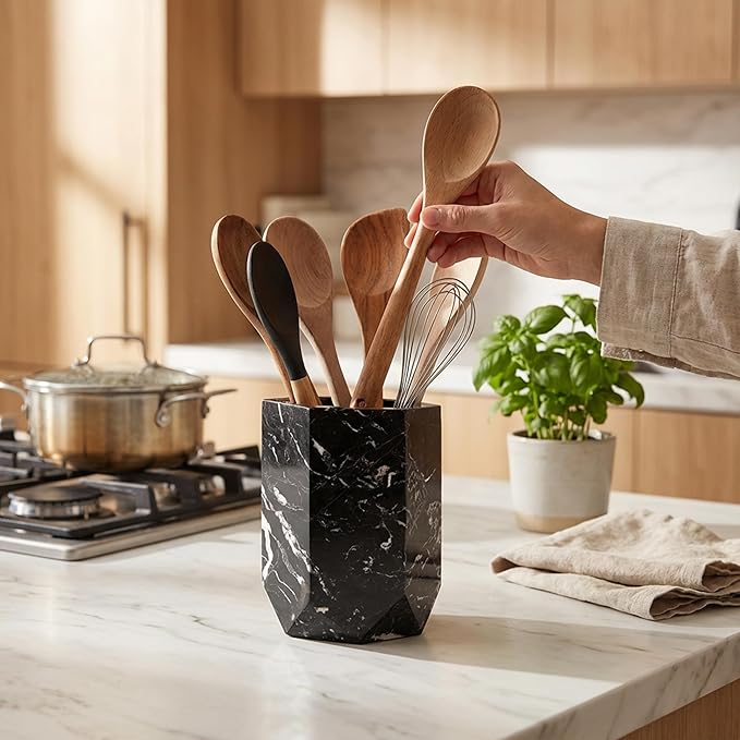 Radicaln Marble Utensil Holder 6.5'' Inches Black Spatula Set for Kitchen Counter, Ideal Cooking Utensils Jar & Kitchen Essentials Organizer, Ideal Utensil Caddy & Spoon Holder