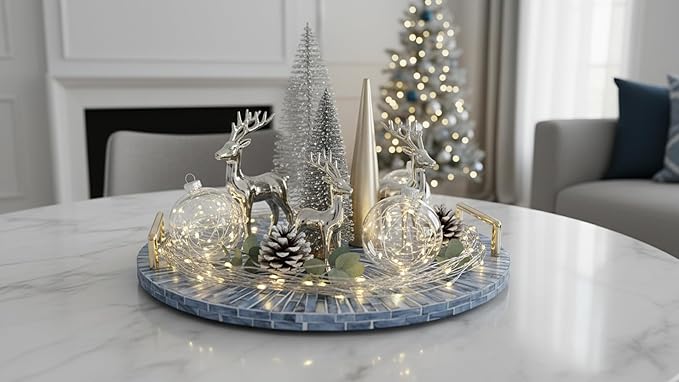 PEMAR Mother of Pearl Decorative Tray, 13" Round Versatile Display and Serving Tray with Gold Handles, Vanity/Perfume/Trinket Catchall for Dresser, Bathroom, Vanity Table (Blue Starburst)
