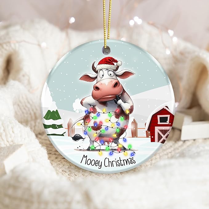 Cow Ornament 2025, Mooey Christmas – Funny Farmhouse Christmas Tree Decoration, Cute Cow Tangled in Lights, Rustic Barn Winter Scene, Ceramic Holiday Ornament for Cow Lovers, Farmers