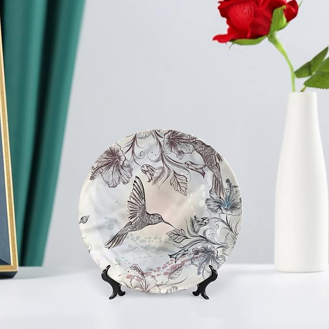 XISUNYA 8 Inch Decorative Plate, Hummingbird Tableware Plate, Birds Hibiscus Flowers Print Ceramic Wall Hanging for Fine Dining for Upscale Events, Dinner Parties, Weddings, Catering
