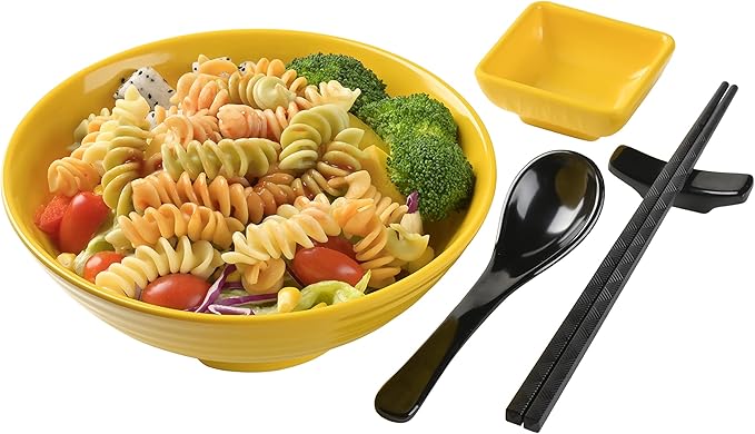 Unbreakable Ramen Bowl Set with Chopsticks and Spoon: 2 large Japanese Style Melamine Ramen Bowls, Dipping Bowls and Chopstick Stands for Asian Pho Soup Thai Miso Udon Wonton (2 Bowl Set, Yellow)