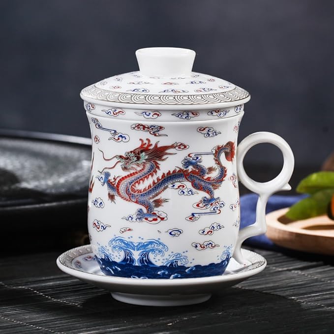PLESIU Tea Talent Porcelain Tea Cup with Infuser Lid and Saucer Sets - Chinese Jingdezhen Ceramics Coffee Mug Teacup Loose Leaf Tea Brewing System for Home Office